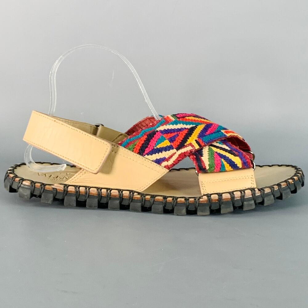 VALENTINO Size 10.5 Tan Multi Color Embroidery Leather Straps Sandals - Picture 2 of 10